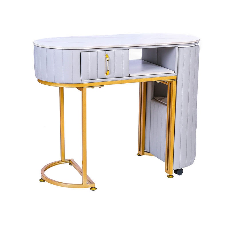 HZ2061 Nailtech tafel met opbergladen en open planken, metalen standaard met bewegende wielen